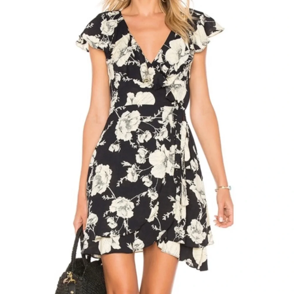 Free People French Quarter Print Wrap Flutter Sleeve Minidress, Black Onyx Combo - Picture 2 of 10